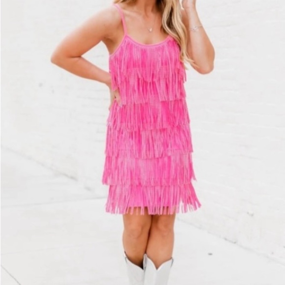 Vibrant Pink Fringe Dress - Pink Lily - Size: Large
